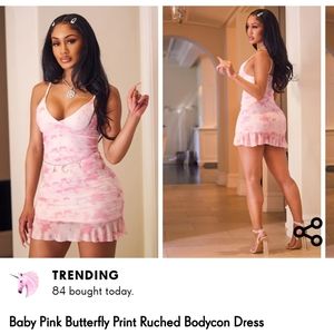 Baby Pink Butterfly Print Ruched Bodycon Dress